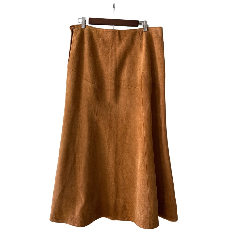 1980s Equestrian Boho Avon Fashions Camel Suede Skirt Genuine Leather Size 17/18